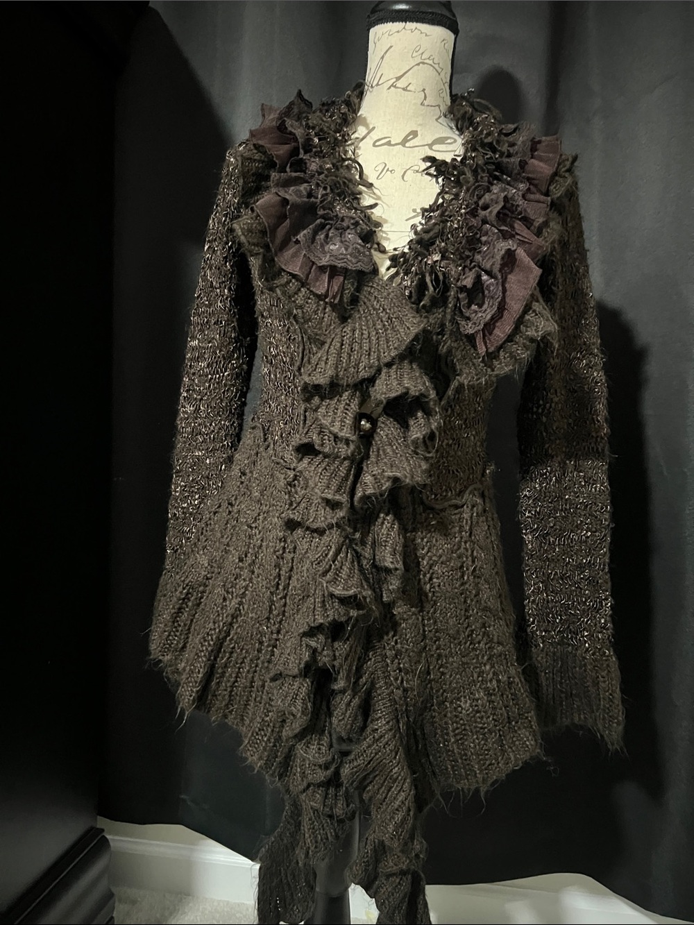 Brown Ruffle-Front Knit Sweater Cardigan